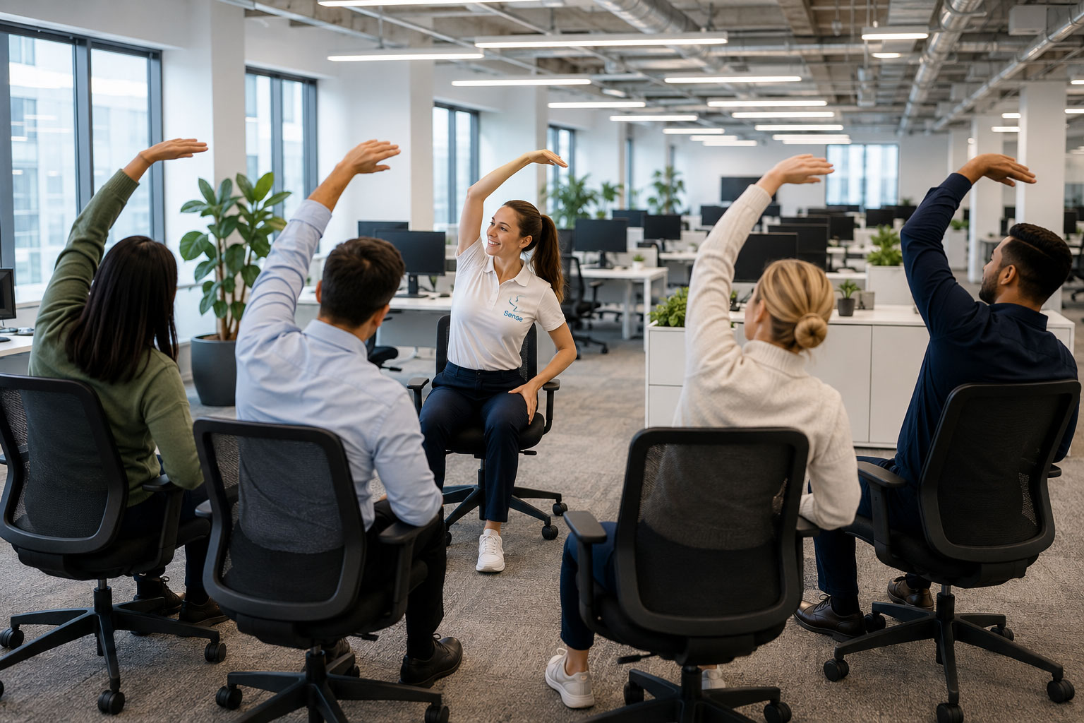 chair yoga being performed in an office