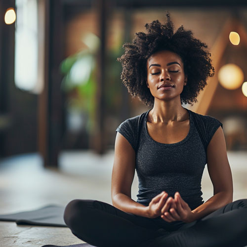Corporate wellness Woman doing Yoga at work before a buy day