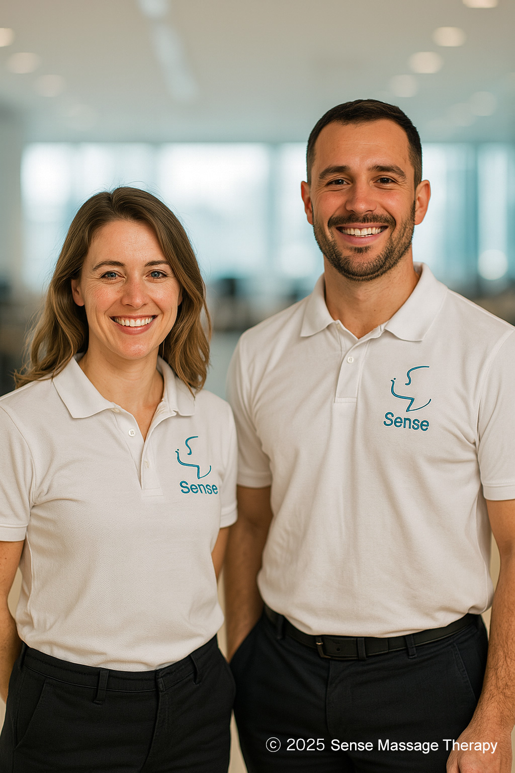 Two Sense Massage therapists - man and woman in a busy office