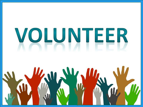 Volunteer sign with multicoloured hands raised