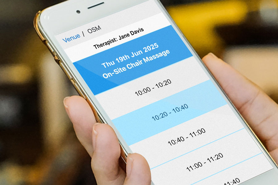 Let our online appointment system do the work for you mobile phone showing the Sense Massage on-line appointment system